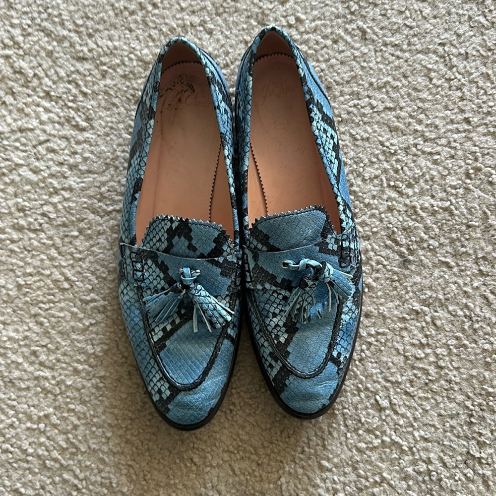 J.Crew blue snakeskin tassel loafers